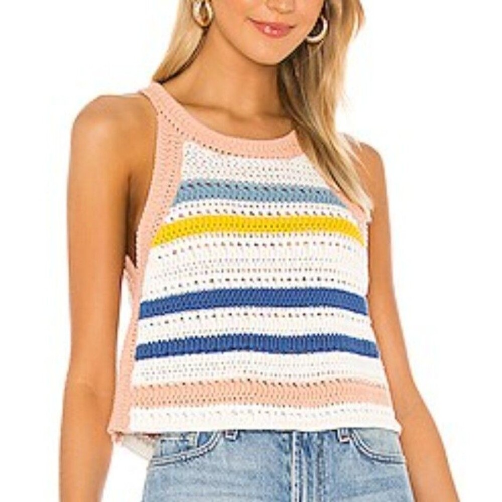 BCBGeneration Size XS Crochet Striped Tank Top Boho Festival Crop Halter Knit